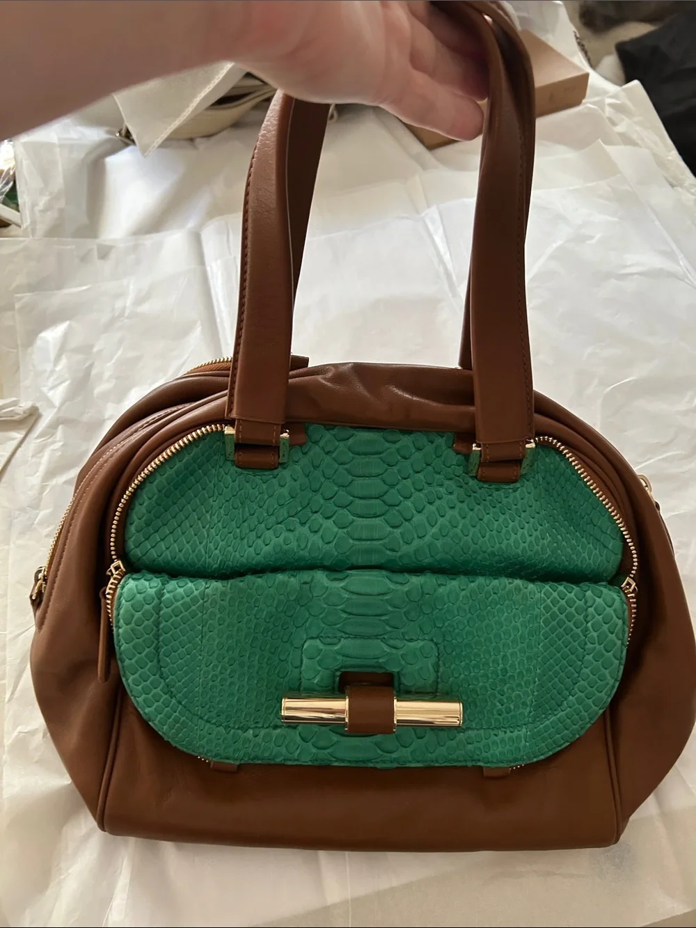 Jimmy Choo Brown Leather Satchel with Green Snakeskin Front Pocket